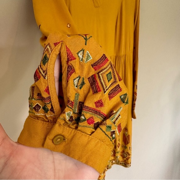 Women M Boho Long Sleeve Dress Embroidered V Neck India Mustard Gold Geometric - Picture 7 of 11